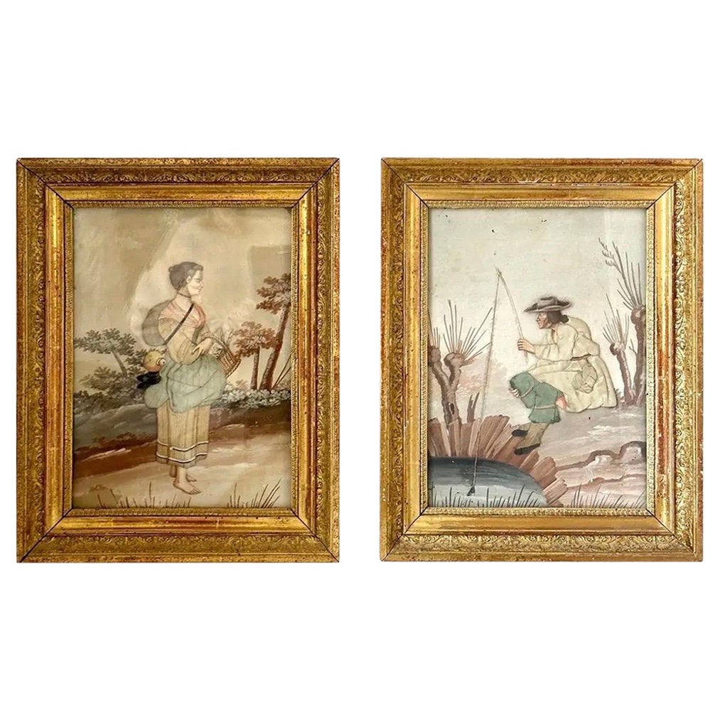 Coppia di collage figurativi a tecnica mista di fine Ottocento continentale con tessuto in vendita