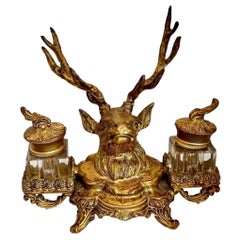 19th Century French Dore Gilt Gold Metal Double Inkwell Set