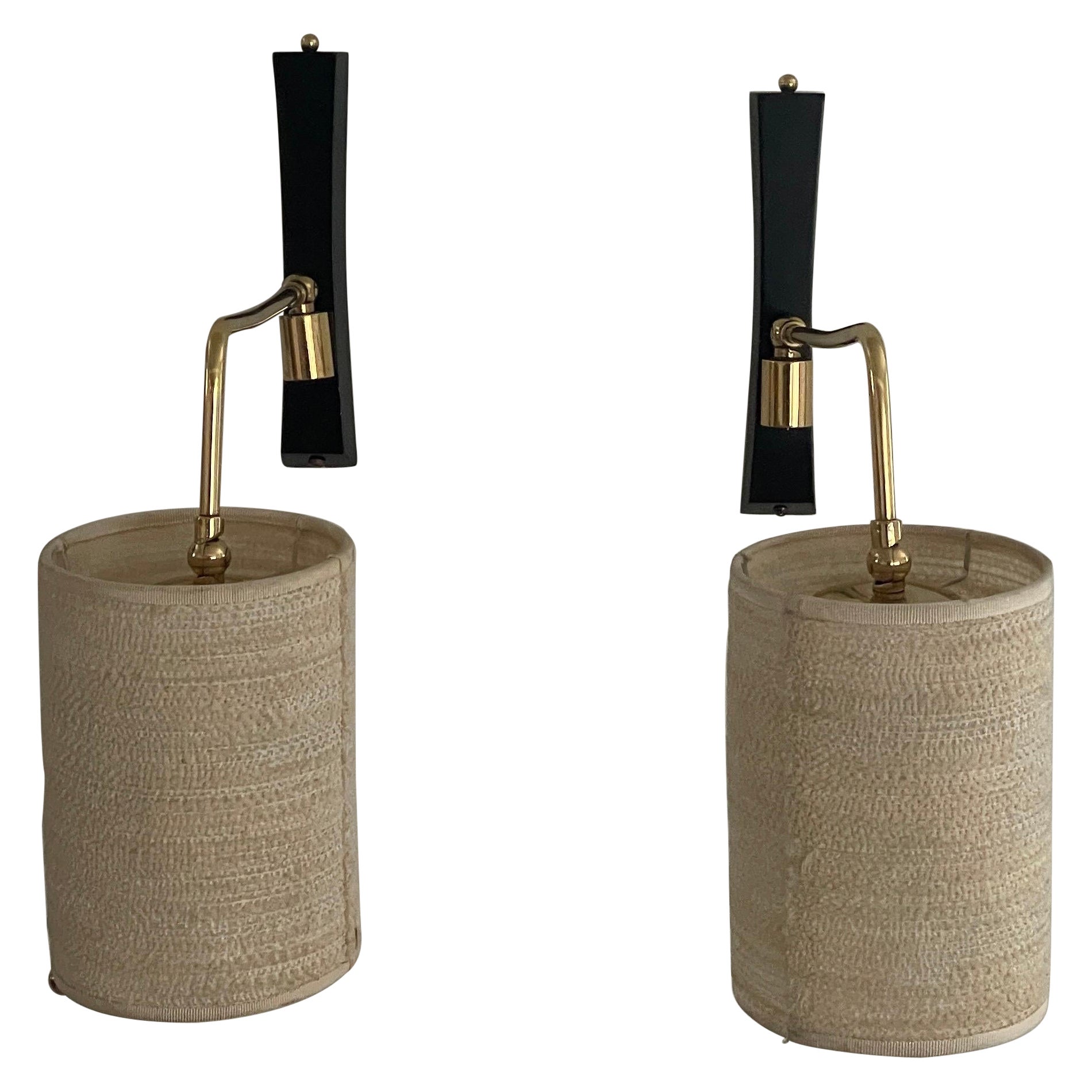 Mid-century Modern Fabric Shade Pair of Sconces with Brass Neck, 1960s, Germany