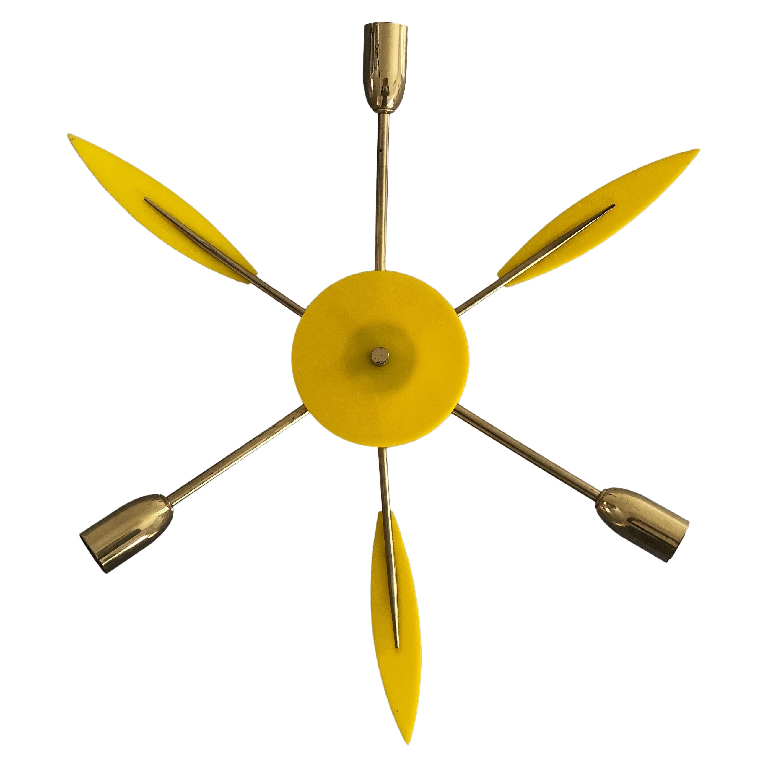 Brass and Yellow Plexi Sputnik Flush Mount Light, 1970s, Germany For Sale
