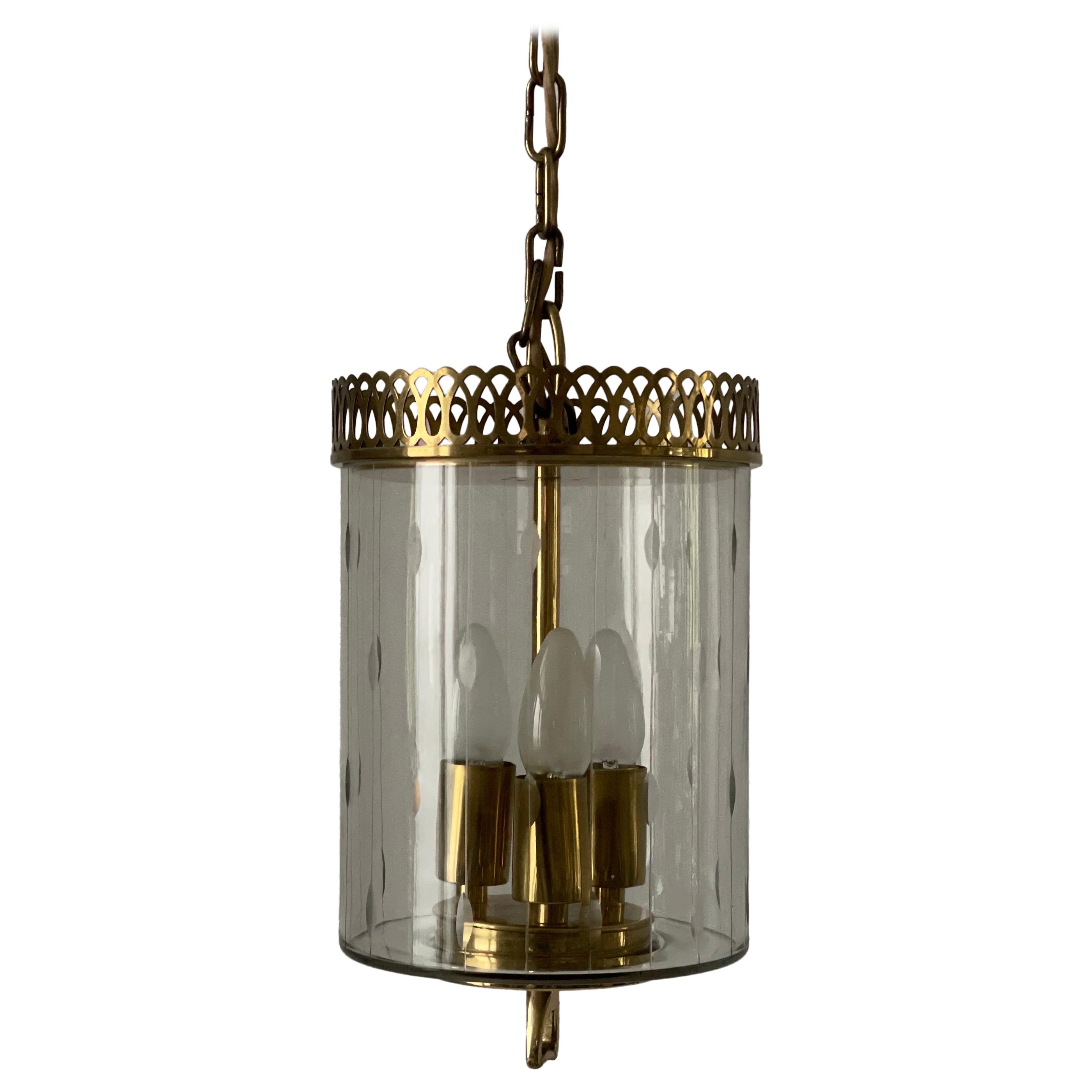 Lantern Art Deco Style Glass and Brass Ceiling Lamp, 1950s, Italy