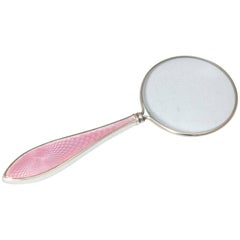 Antique Lovely Art Deco All Sterling Silver and Pink Guilloche Enamel Magnifying Glass
