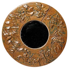 large 20th century design brown sculptural ceramic wall mirror by Annie Maume