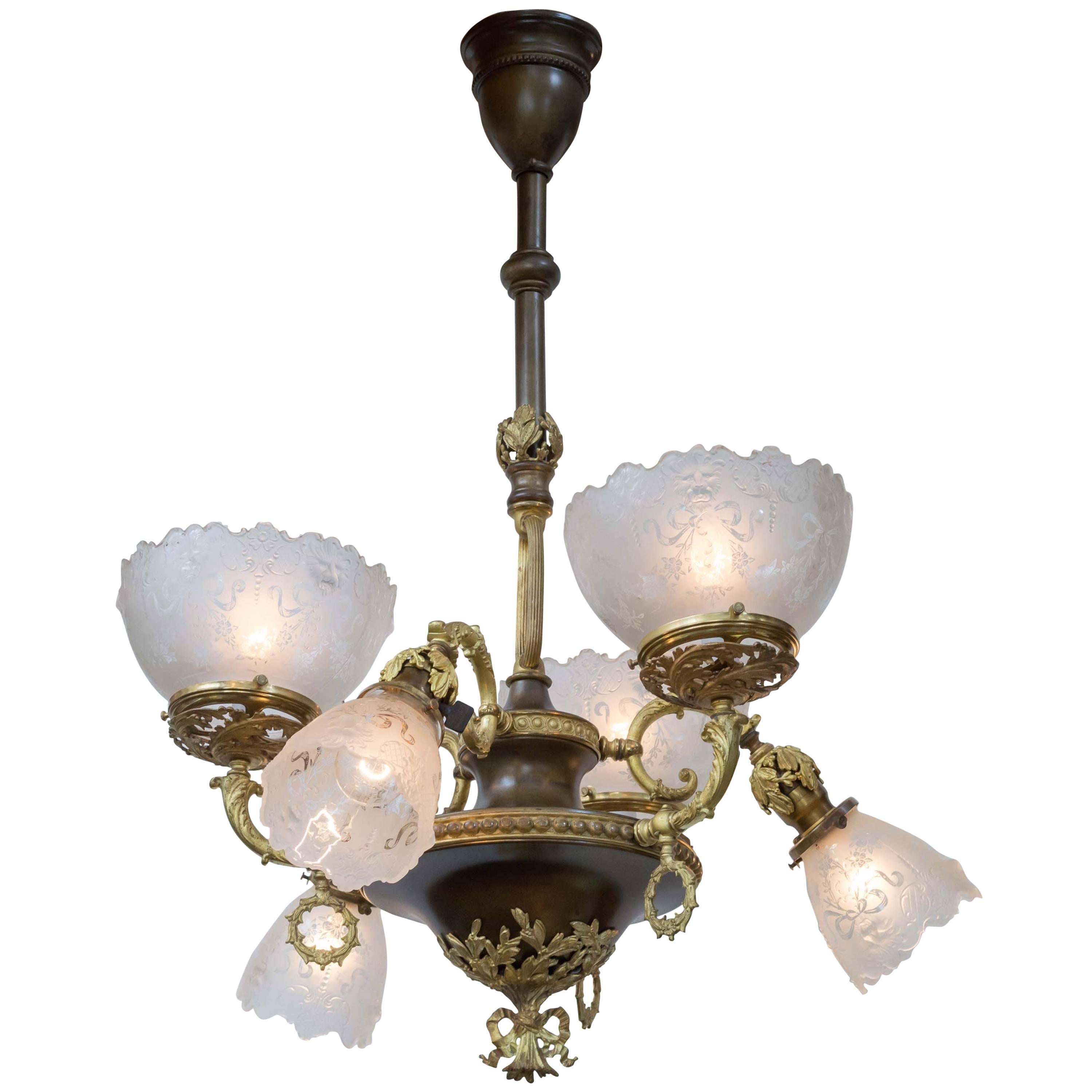 Late Victorian Gas and Electric Six-Arm Combination Chandelier