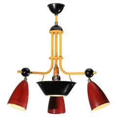 50s chandelier with three yellow, black and red lacquered diffusers