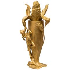 Antique Signed French Art Nouveau Gilt Bronze Vase