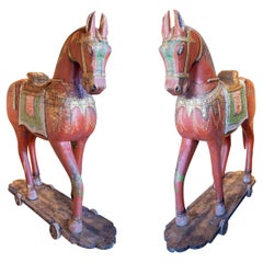 1930s Pair of Antique Painted Wooden Horses with Ornamental Details and Wheels