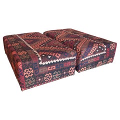 Pair of Rectangular Poufs with Ethnic Design Kilim Fabric Upholstery