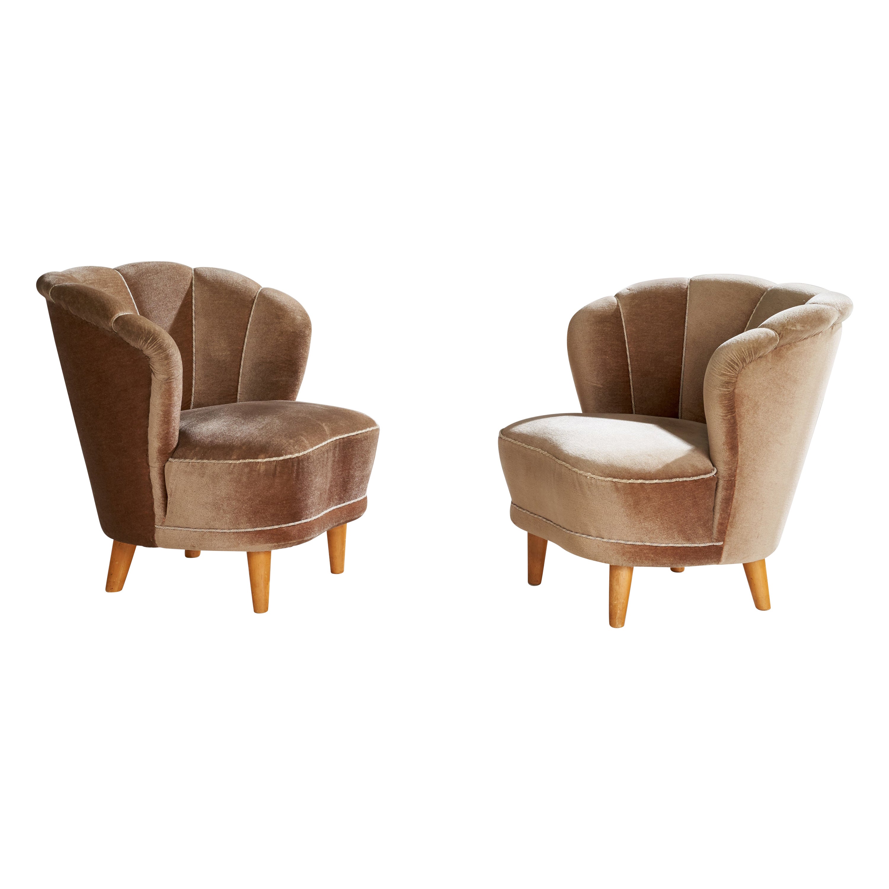 Asko, Lounge Chairs, Velvet, Wood, Finland, 1940s