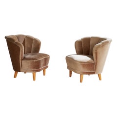 Asko, Lounge Chairs, Velvet, Wood, Finland, 1940s