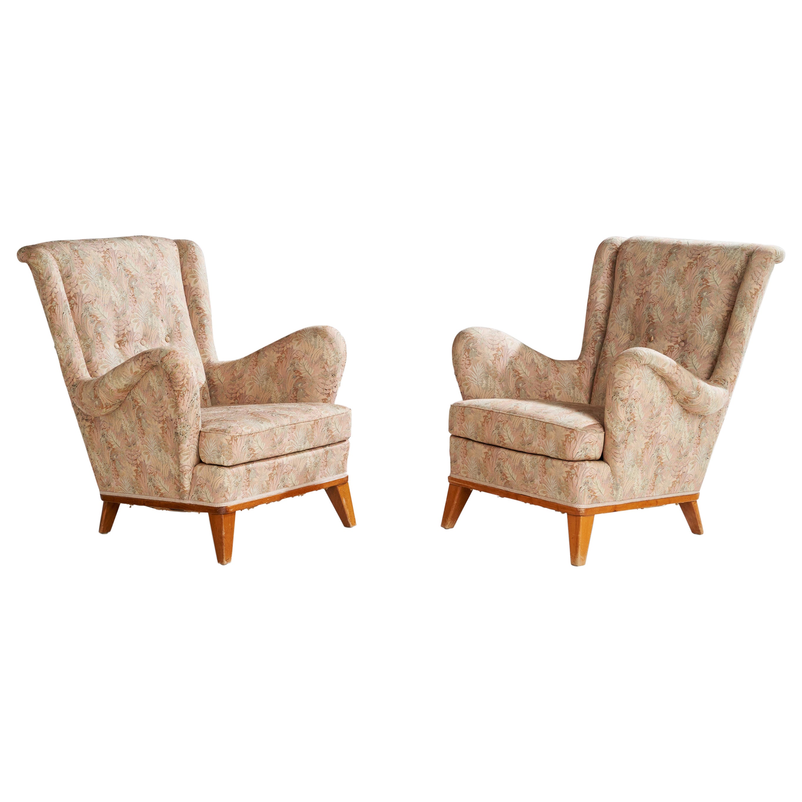 Swedish Designer, Lounge Chairs, Oak, Fabric, Sweden, 1940s