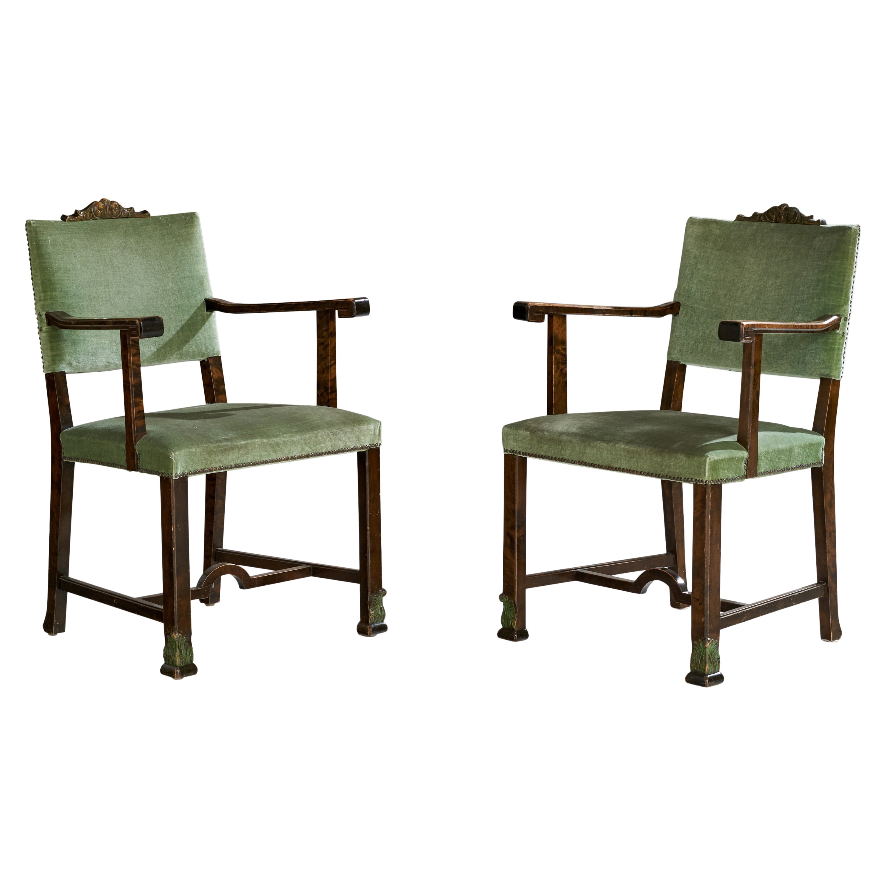 Swedish Designer, Armchairs, Birch, Velvet, Sweden, 1930s
