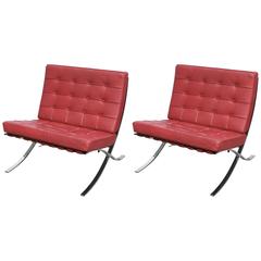 Pair of Red Barcelona Chairs in Chrome and Leather, 1960s, USA