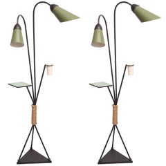 Pair of Italian Iron and Aluminum Floor Lamps with Shelf & Bud Vase, Italy