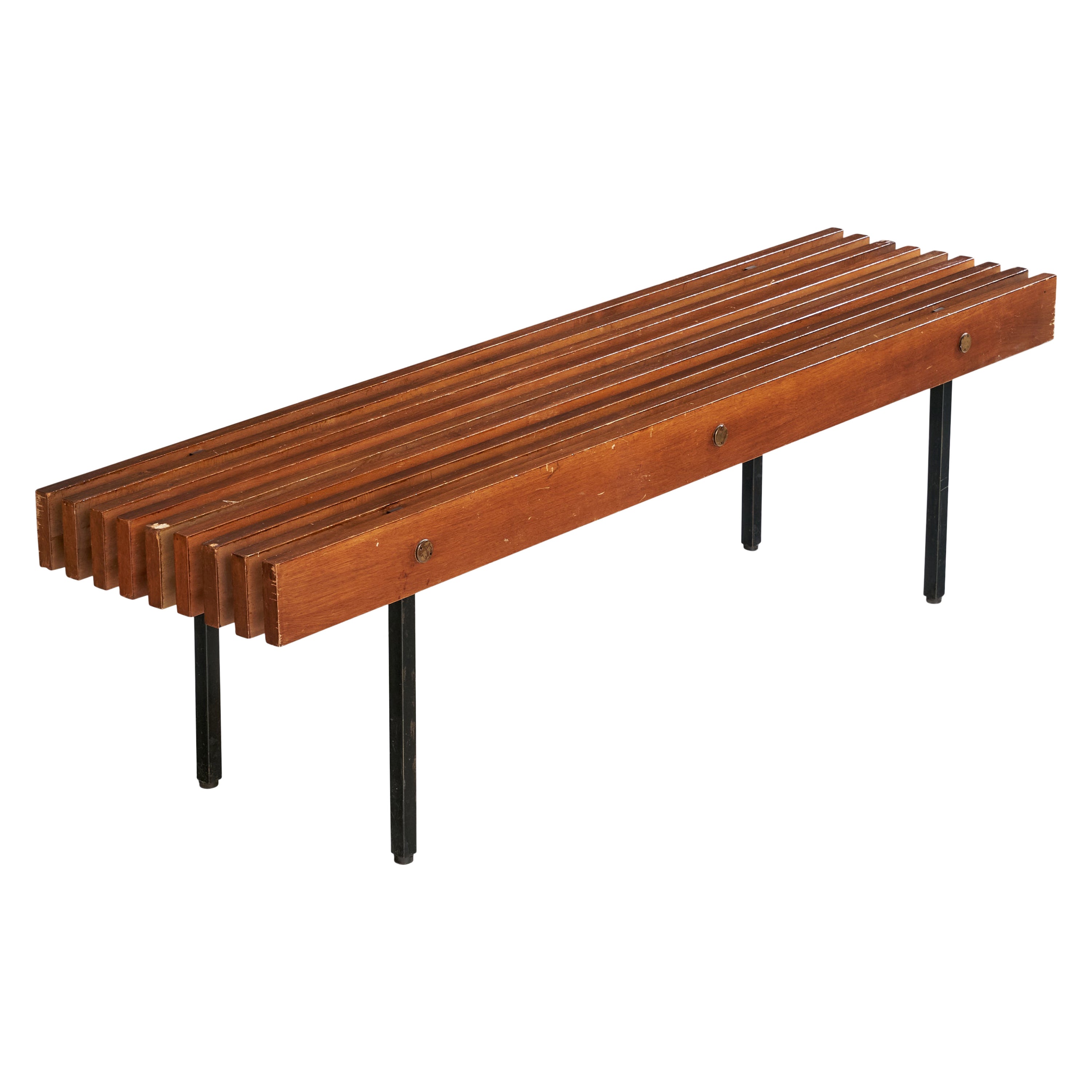 Panchina di design italiano, Teak, ottone, ferro, Italia, anni '50