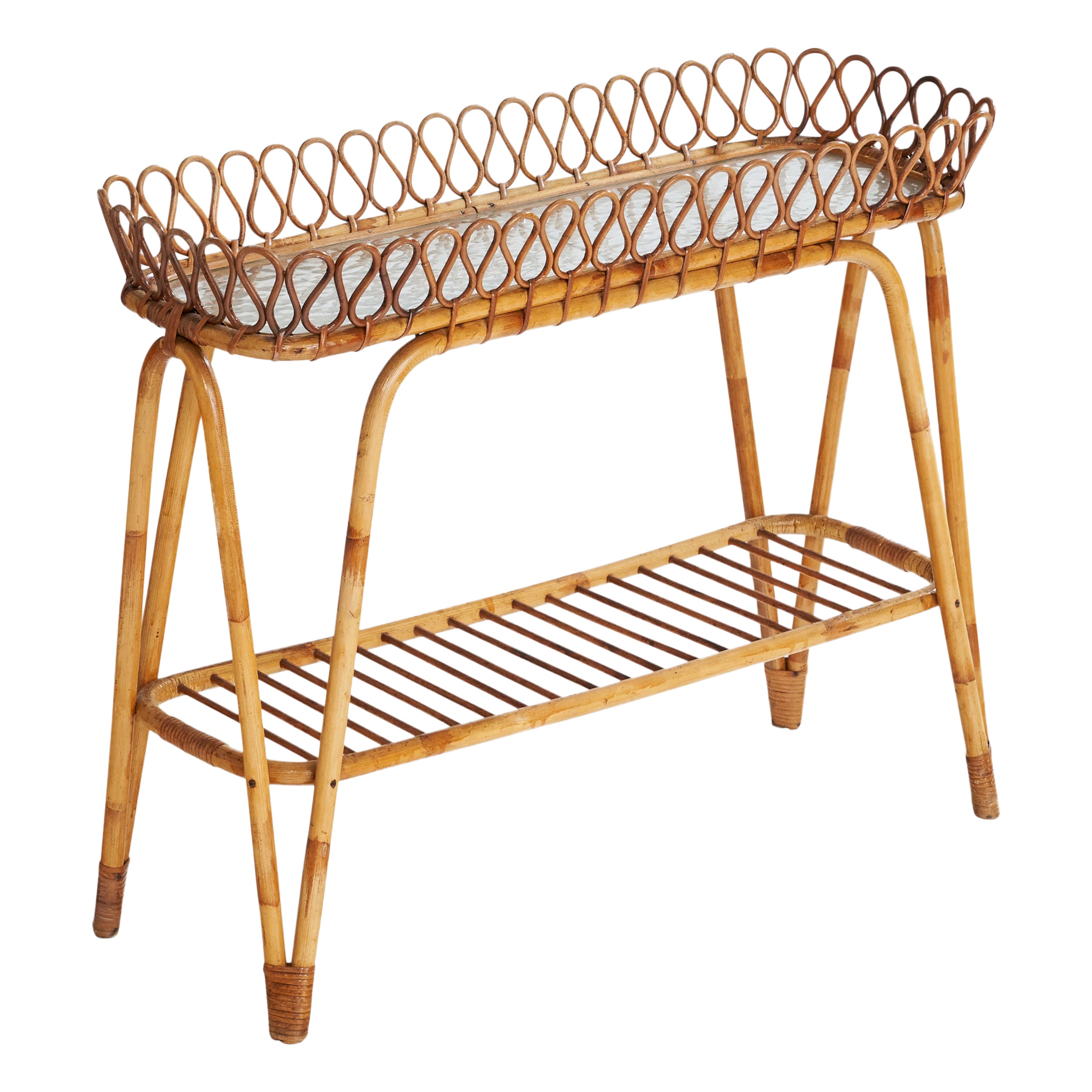 Schwedischer Designer, Pflanzenständer, Bambus, Rattan, Glas, Schweden, 1950er Jahre im Angebot
