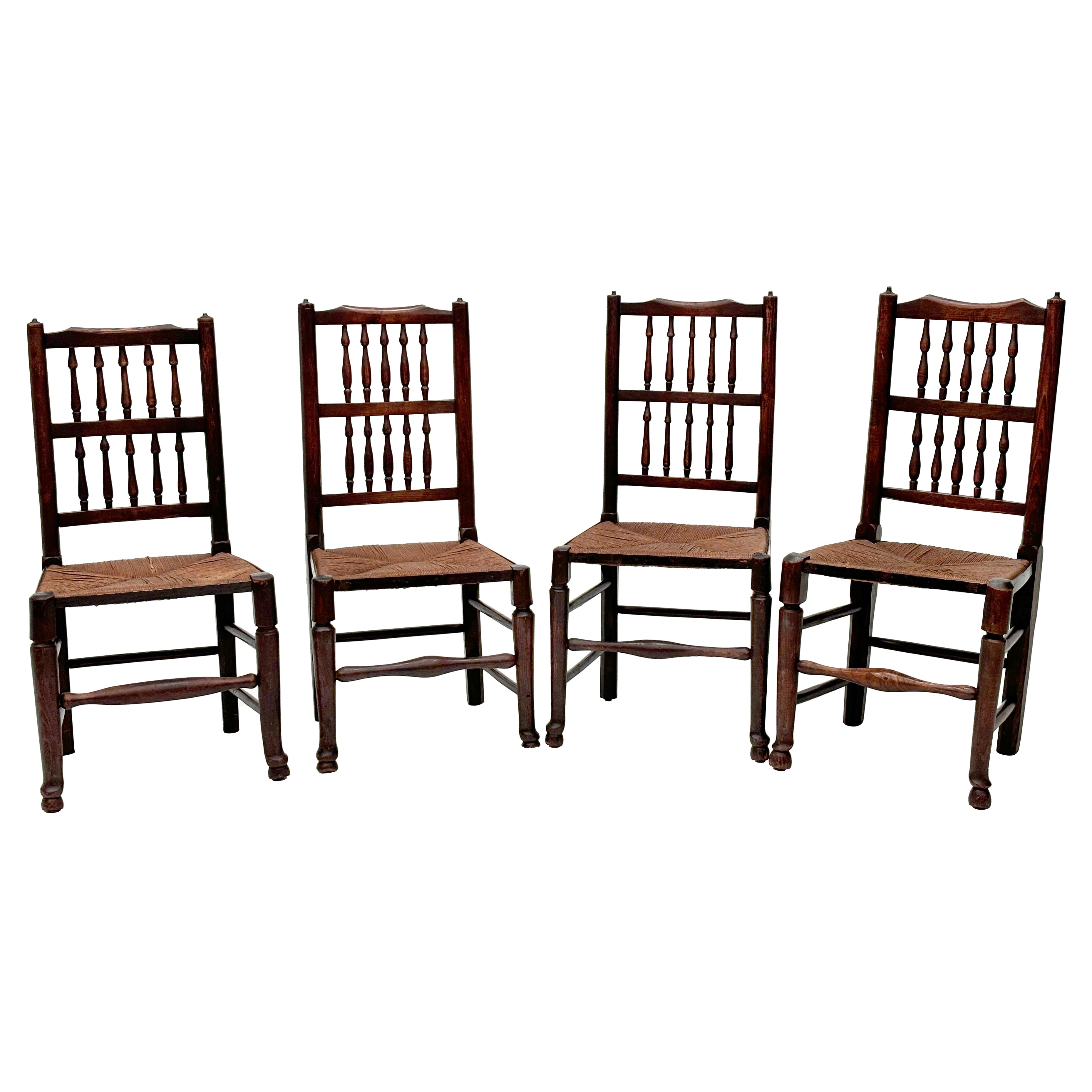 Late 18th Century Harlequin English Lancashire Spindle-back Chairs Set of 4