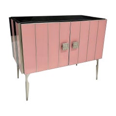 Modern Italian Art Deco Style Pink Black Stripe Glass Satin Nickel Cabinet /Bar