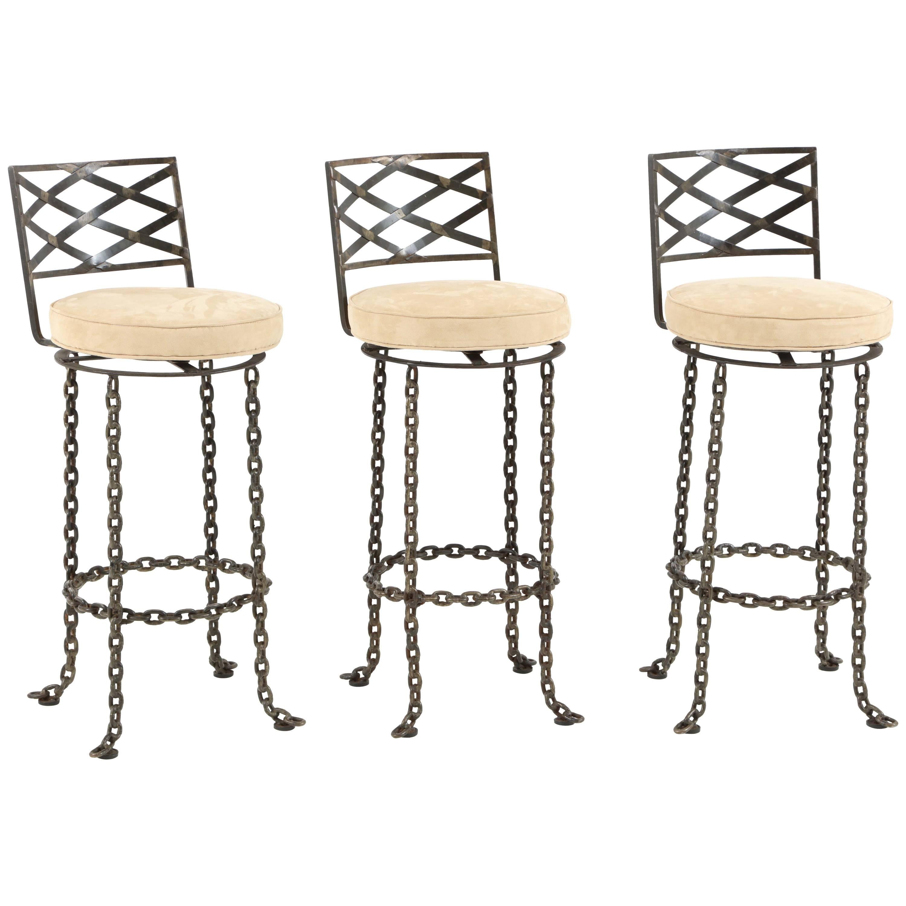 Set of Three Handmade Chain Link Barstools For Sale
