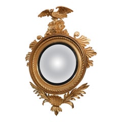 Antique American Federal Gilt Eagle Convex Mirror with Acanthus & Shell Pendant, C. 1810