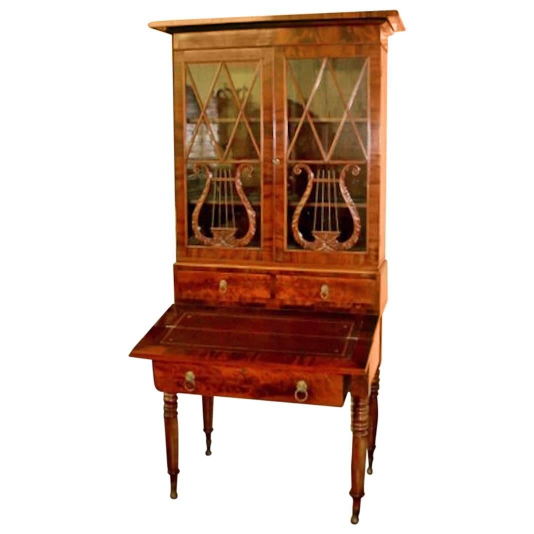 19th Century Federal Period Duncan Phyfe Style Flame Mahogany Secretary Bookcase For Sale