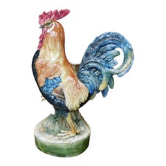 Czech Majolica Vibrant Rooster Umbrella / Cane Stand on Circular Base, 19th Cent