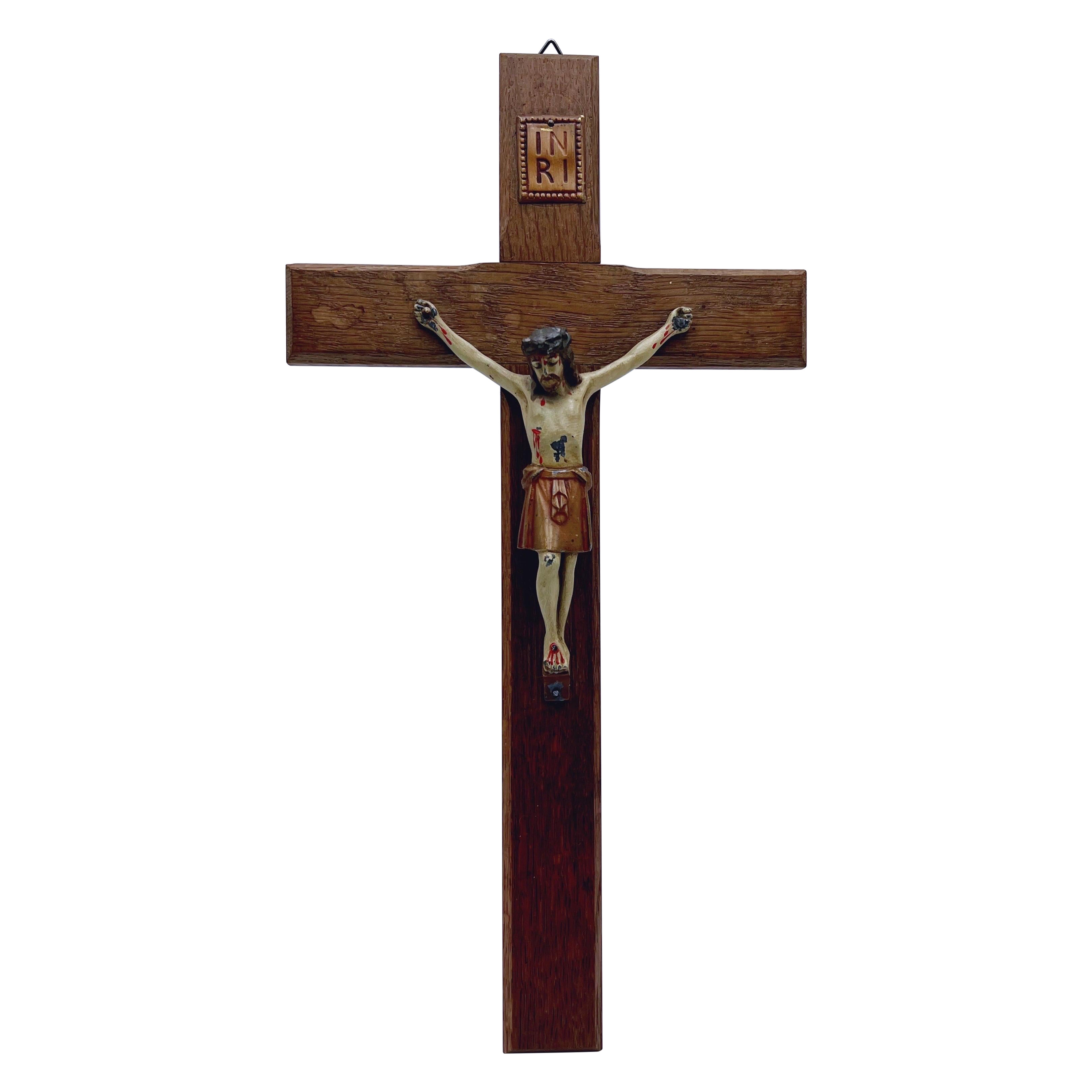 Antique RUSTIC wall hanging Crucifix / metal on Oak Cross
