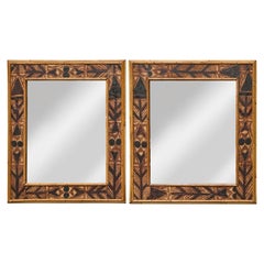 Antique Pair of Painted Wood Mirrors with Bamboo Frames and Tribal Motif Detailing