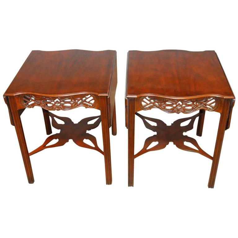 Pair of Chinese Chippendale Mahogany DropLeaf Tea Tables by Baker at