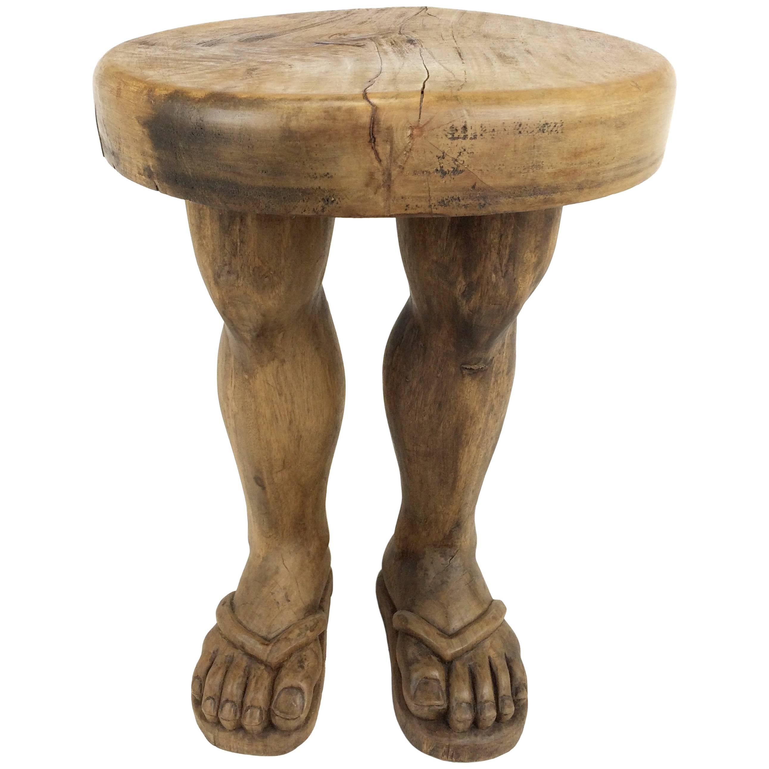 Hand-Carved Solid Wood Folk Art "Foot" Stool