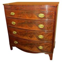 19th Century English George IV Inlaid Flame Mahogany Bowfront Chest of Drawers