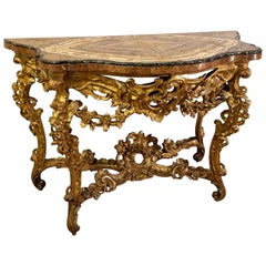 Bois doré romain du 18e siècle  Table console avec plateau en marbre précieux
