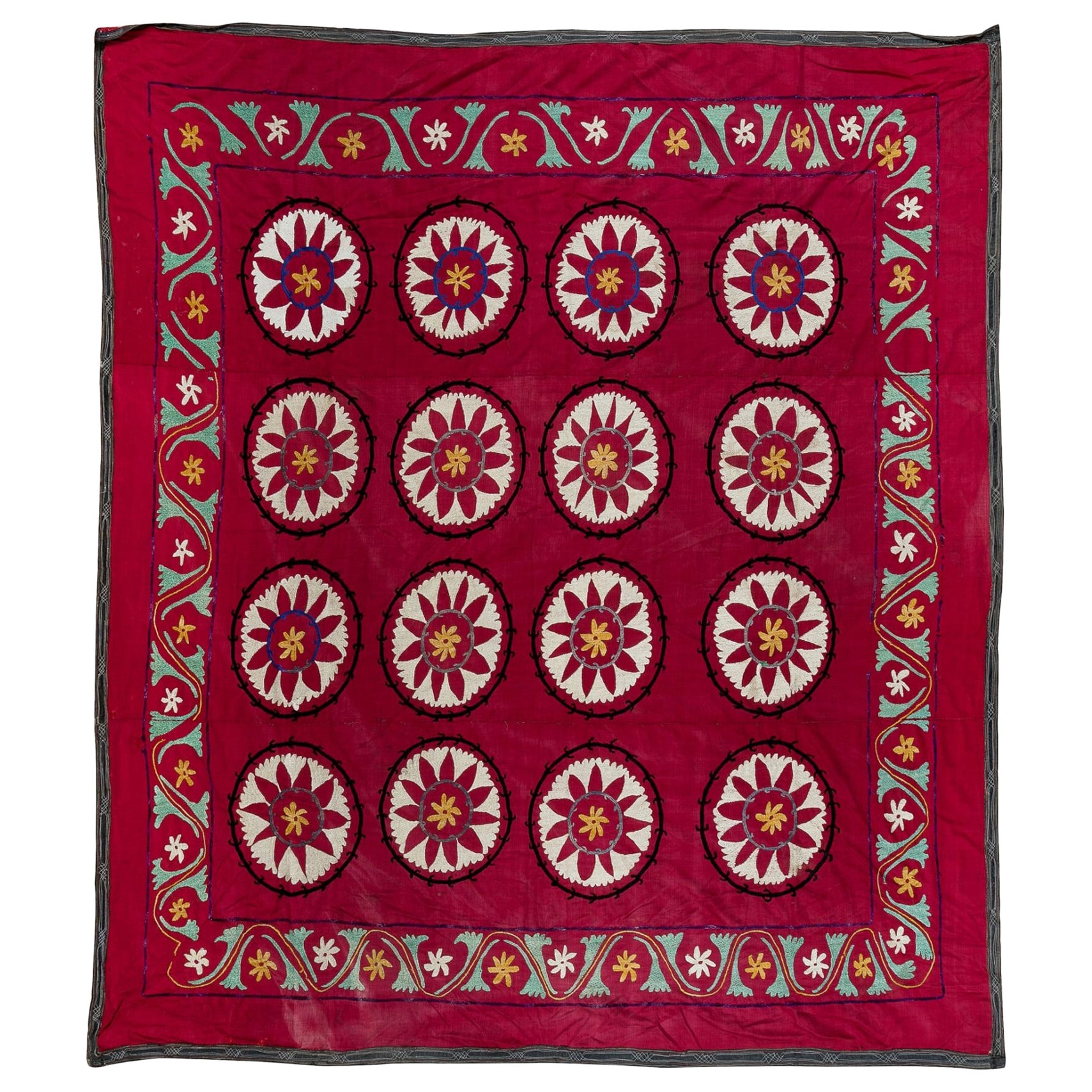 6.9x6.9 Ft Silk Embroidery Bed Cover, Dark Red Wall Hanging, Vintage Tablecloth