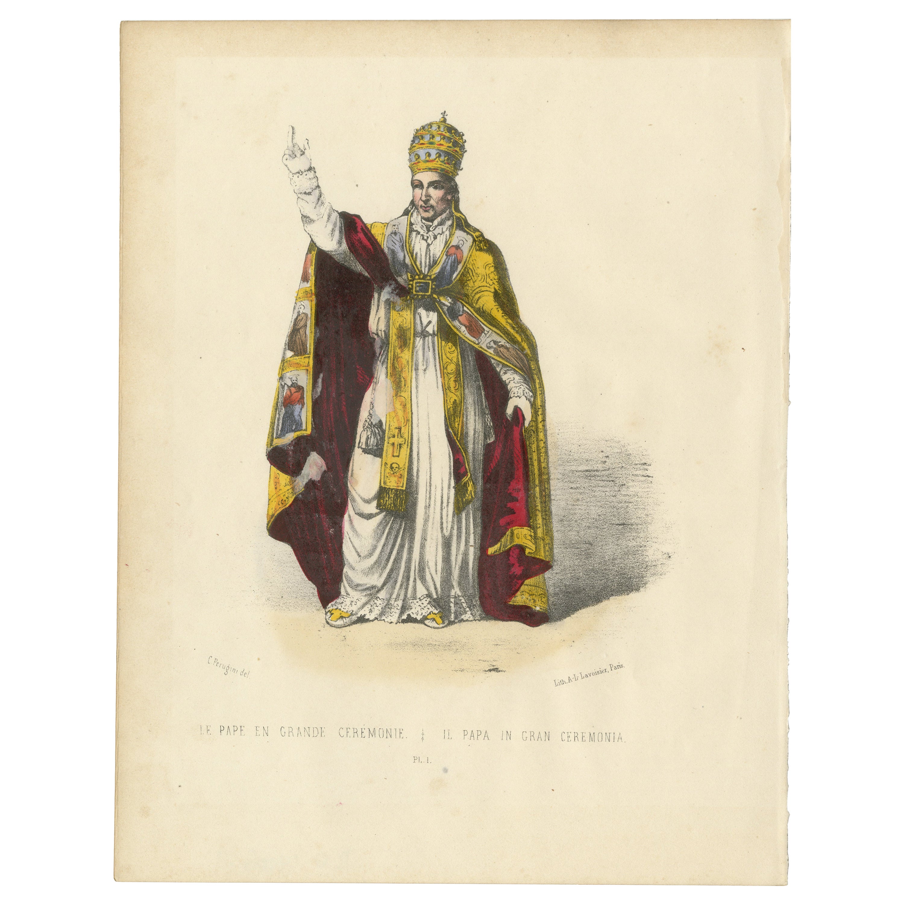 Le Pape en Grande Cérémonie - Stampa antica autentica del Papa in piena cerimonia in vendita