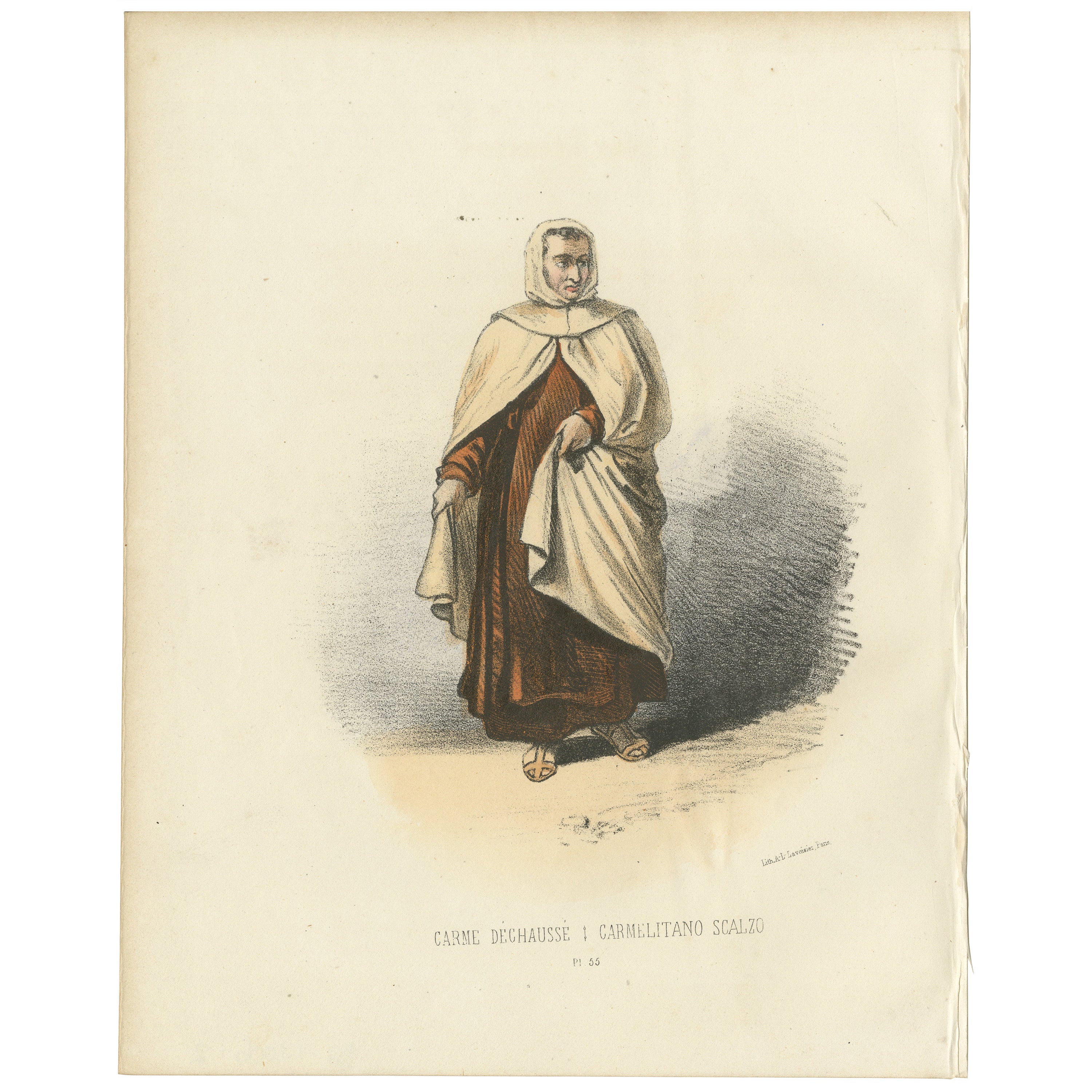 Carme Déchaussé - Litografía coloreada a mano de 1862 de un monje carmelita descalzo