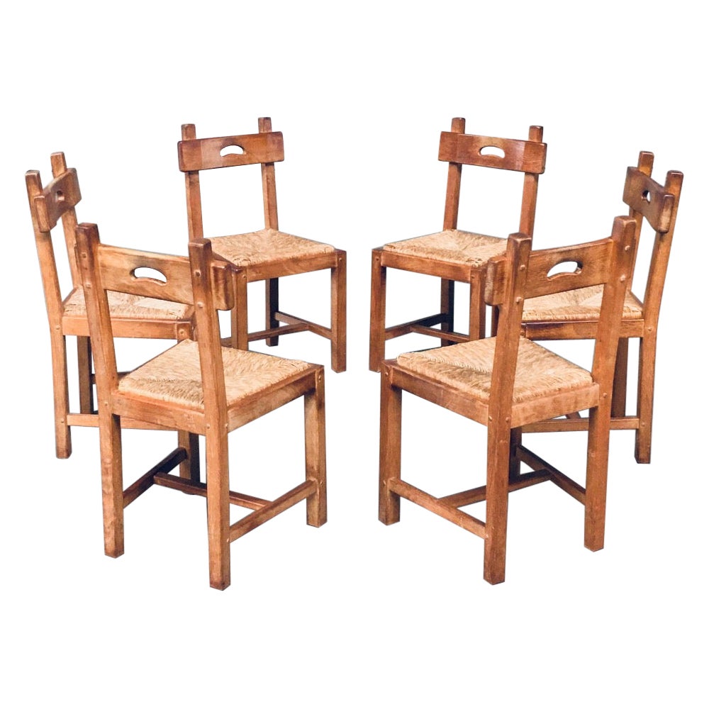 Brutalist Rustic Design Oak & Rush Dining Chair Set, Belgium 1960's