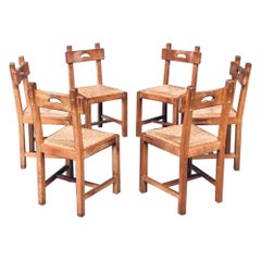 Brutalist Rustic Design Oak & Rush Dining Chair Set, Belgium 1960's
