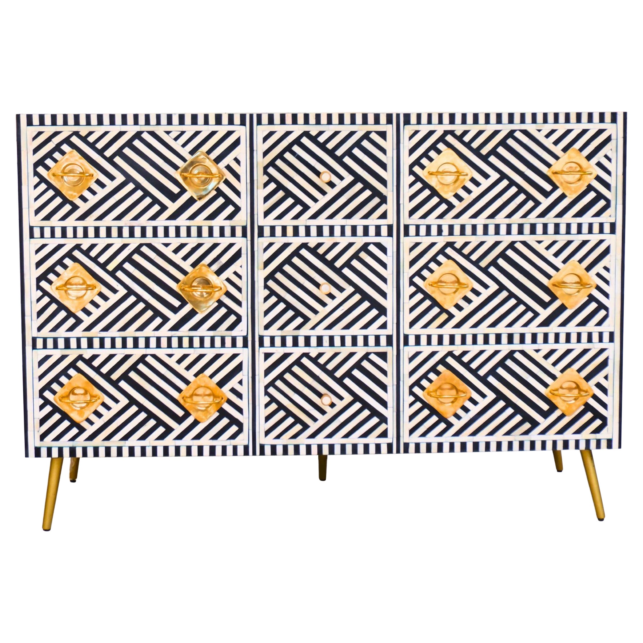 Lines Black Inlay Nine Drawer Dresser, Chest of Drawer Handcrafted by Artisanal