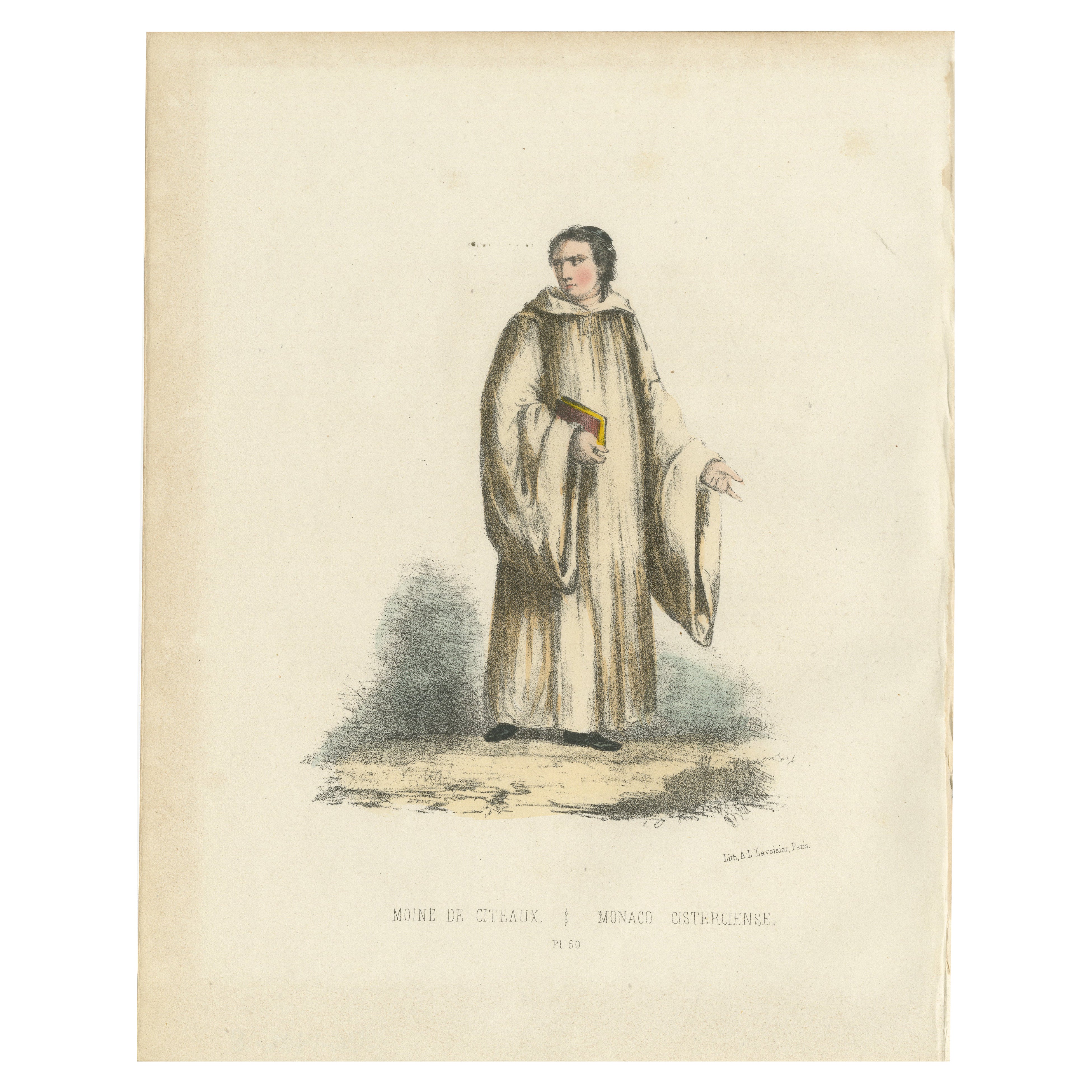 Moine de Cîteaux - Litografía coloreada a mano de 1862 de un monje cisterciense