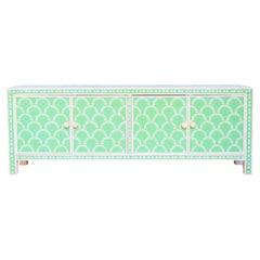 Rain Drop Green Inlay Media Console, Credenza Handcrafted by Artisanal