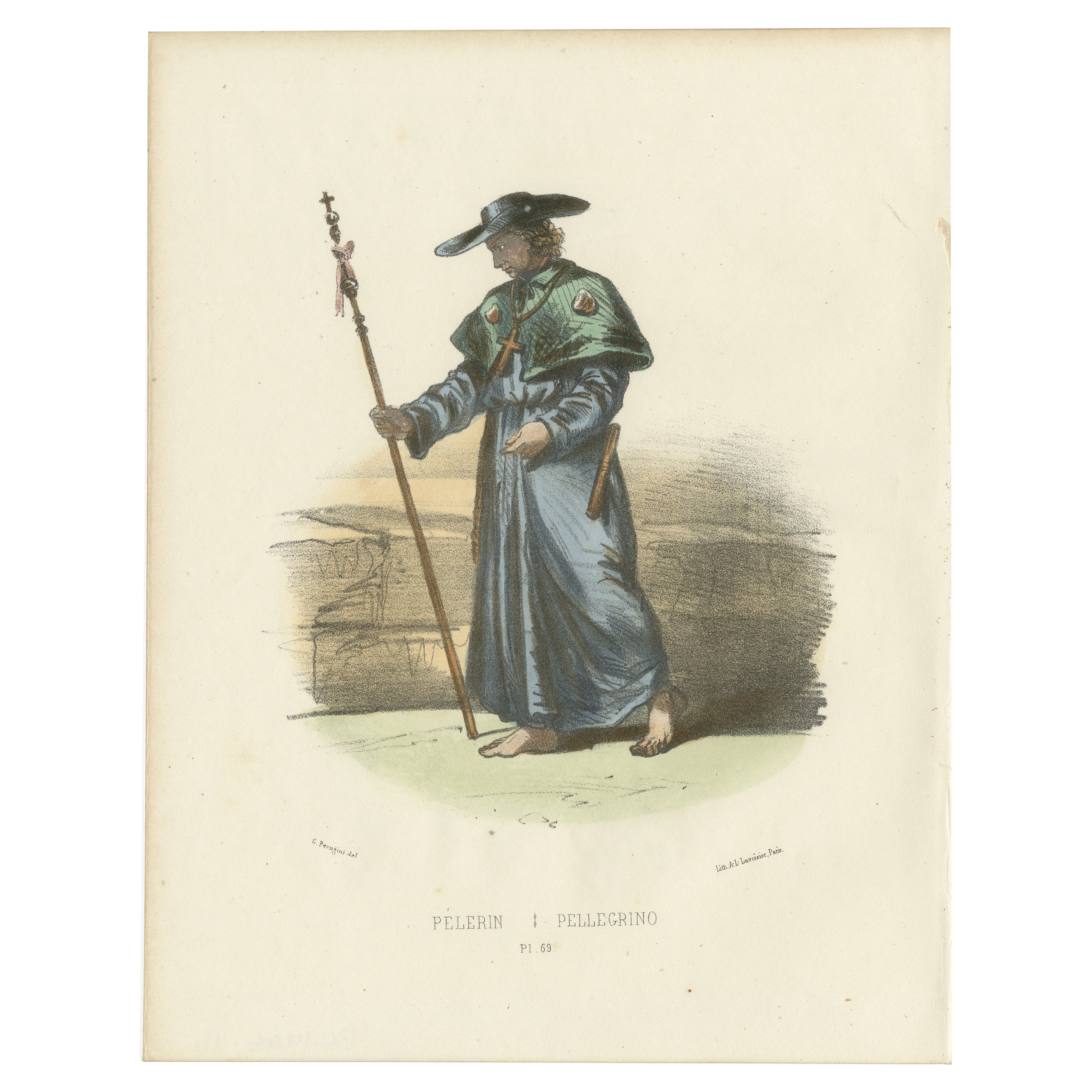 Pèlerin - 1862 Hand-Colored Lithograph of a Pilgrim