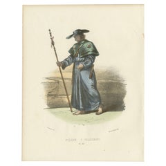 Pèlerin - Litografia colorata a mano del 1862 raffigurante un pellegrino