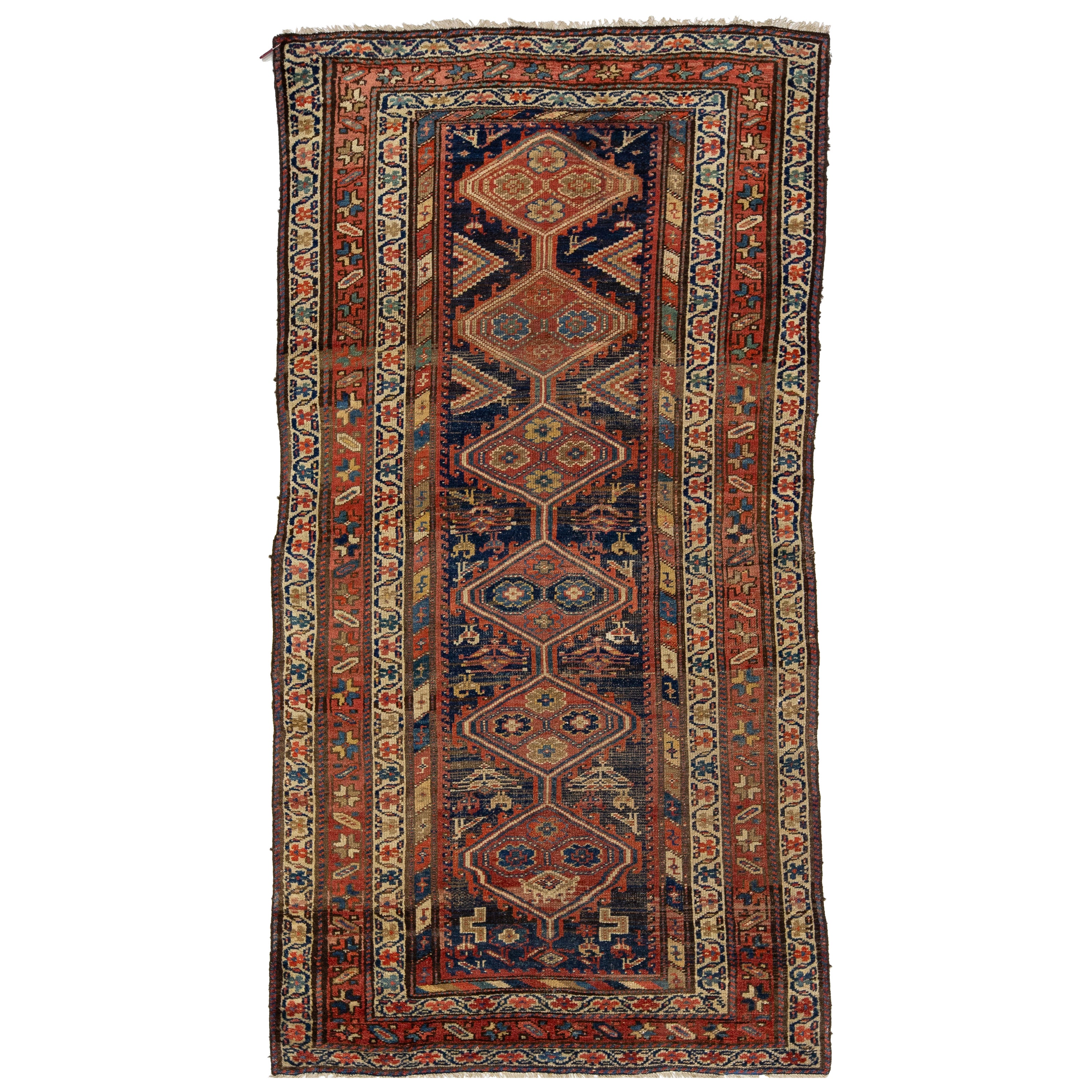 Tapis bleu ancien de laine kurde avec motif tribal fait à la main
