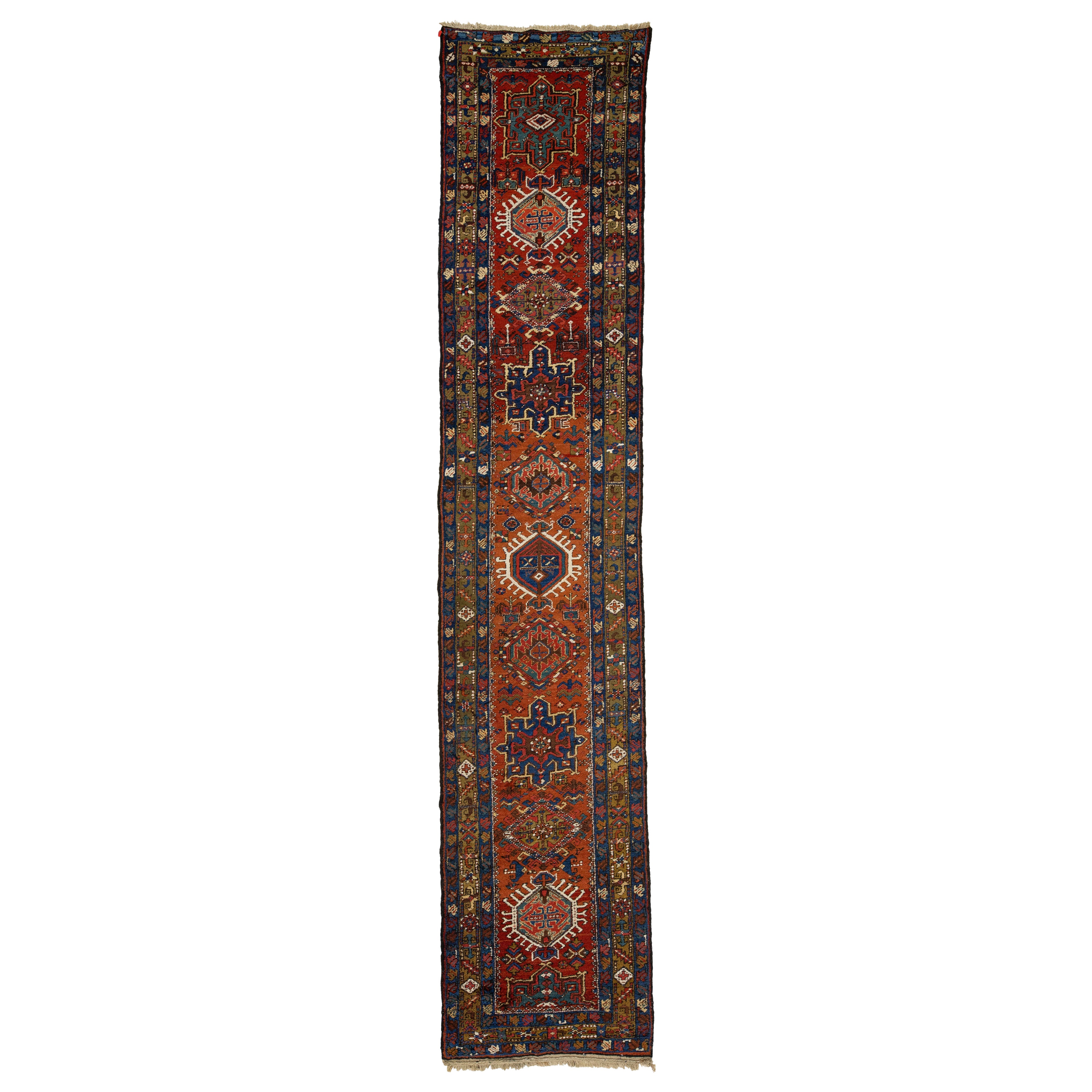 Allover Designed Antique Heriz Wool Runner In Rust Color
