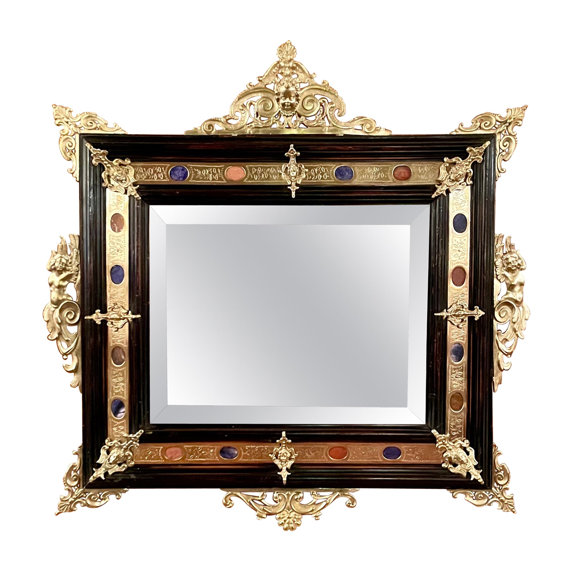 Antique French Renaissance Gold Bronze & Ebonized Wood Inlaid Mirror, Circa 1890 in vendita