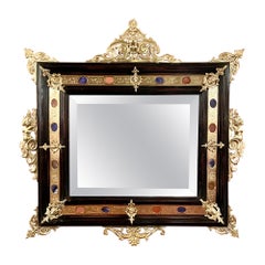 Antique French Renaissance Gold Bronze & Ebonized Wood Inlaid Mirror, Circa 1890