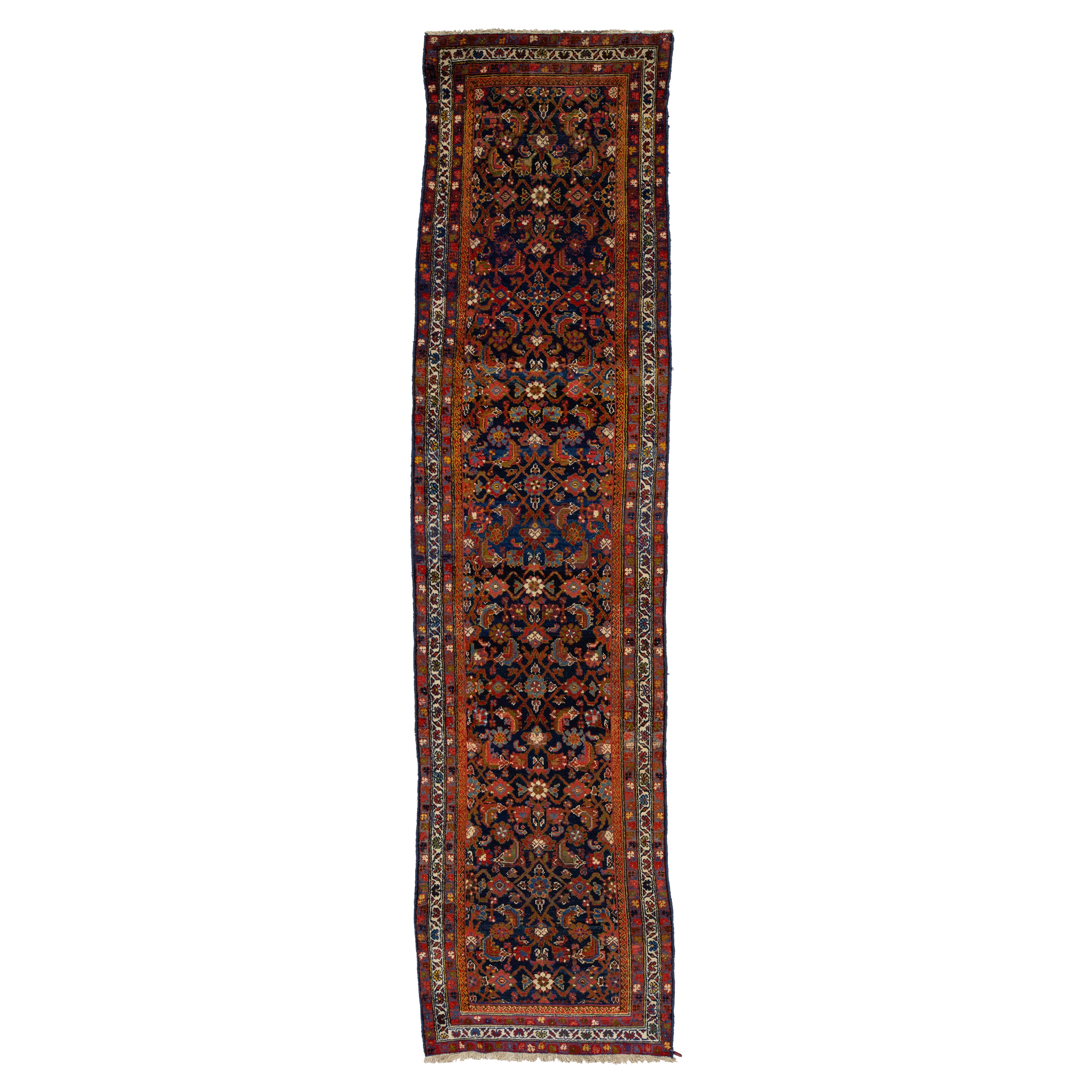 Blue Antique Malayer Wool Runner With Allover Floral Pattern