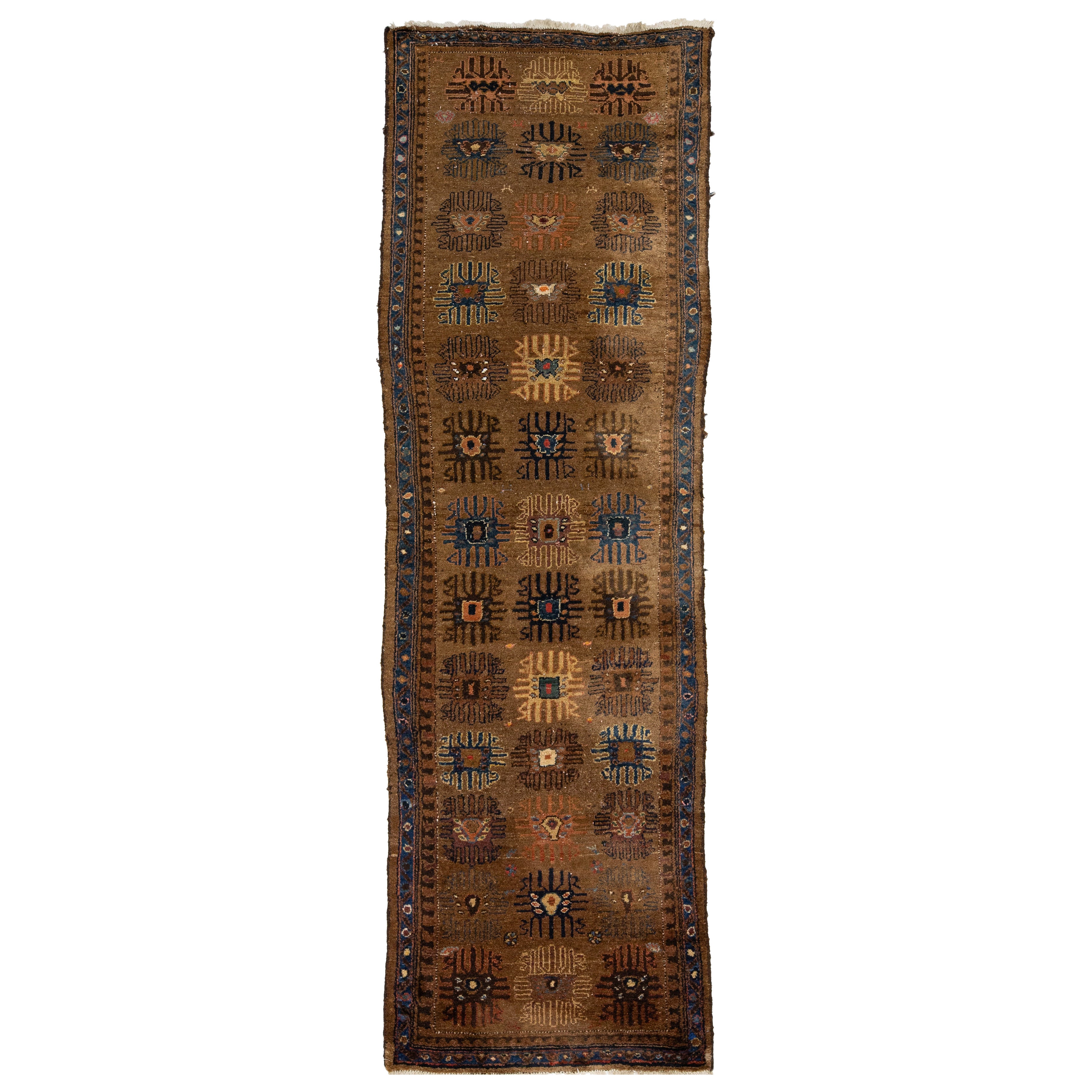 Chemin de table en laine antique Brown, fait main, Hamadan persan avec motif floral