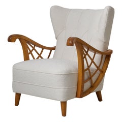 Swedish Scandinavian Modern White Upholstered Armchair with Decorative Armrests