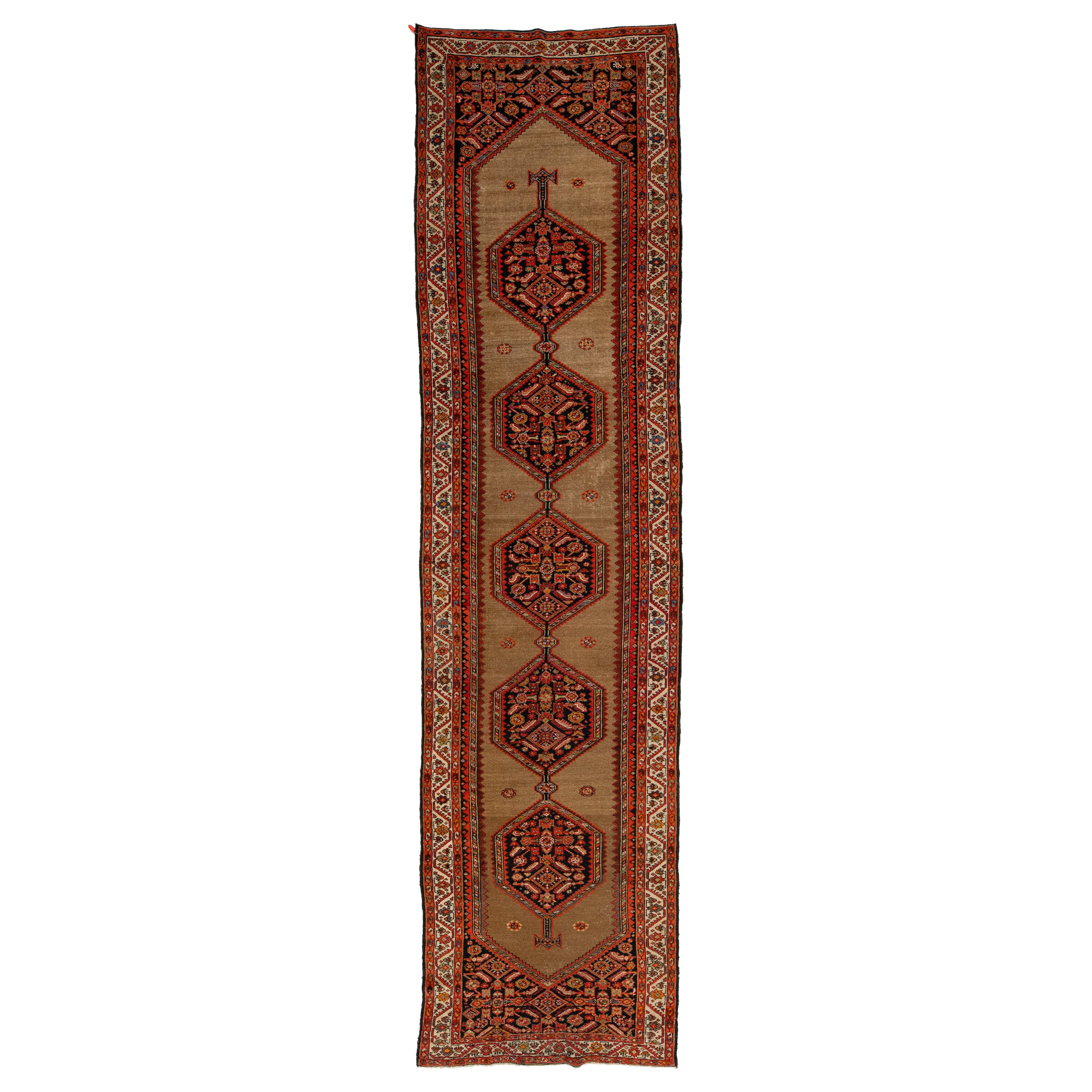 1900s Brown Antique Malayer Wolle Läufer mit Stammes-Muster